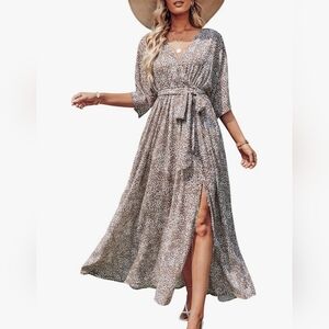 Gray and White Maxi Dress with Wrap Tie Front and Bell Sleeves (T23)